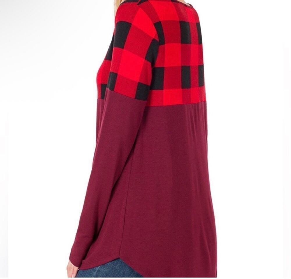 Zenana Red Black Buffalo Plaid Colorblock Long Sleeve Top Burgundy Tunic size M